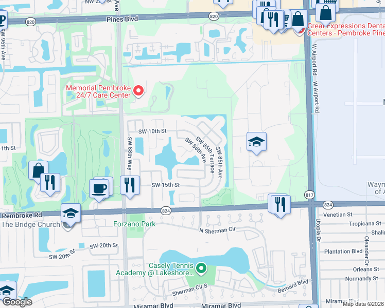 map of restaurants, bars, coffee shops, grocery stores, and more near 8620 Southwest 12th Street in Pembroke Pines