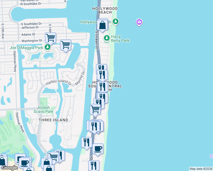 map of restaurants, bars, coffee shops, grocery stores, and more near 301 Magnolia Terrace in Hollywood