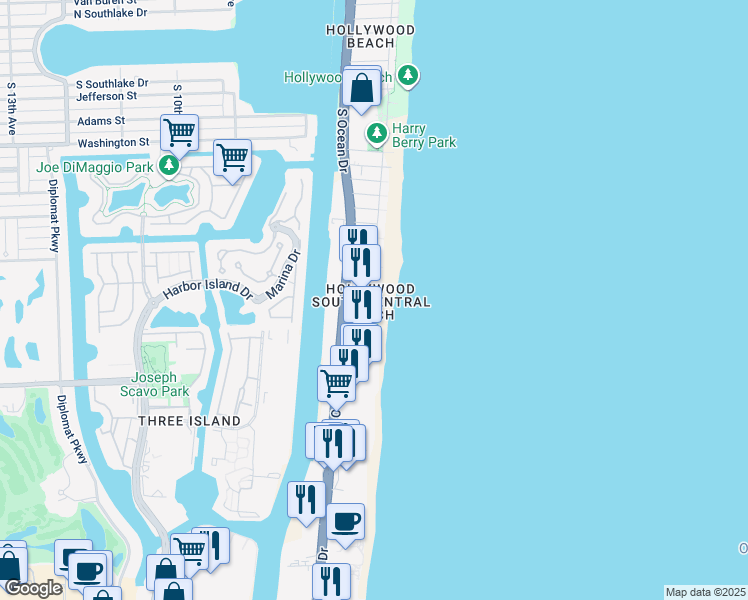 map of restaurants, bars, coffee shops, grocery stores, and more near 301 Magnolia Terrace in Hollywood