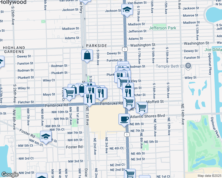map of restaurants, bars, coffee shops, grocery stores, and more near 1510 South 19th Avenue in Hollywood