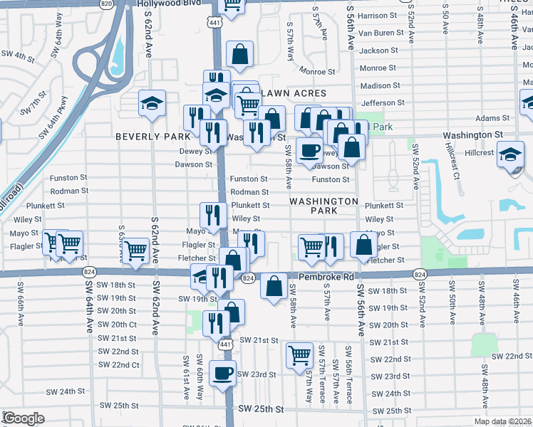 map of restaurants, bars, coffee shops, grocery stores, and more near 5850 Wiley Street in Hollywood