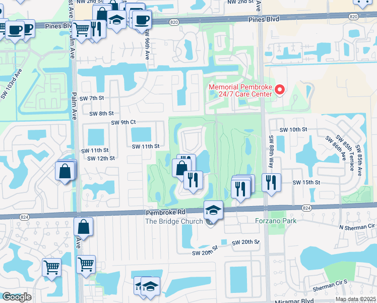 map of restaurants, bars, coffee shops, grocery stores, and more near 9320 South Hollybrook Lake Drive in Pembroke Pines