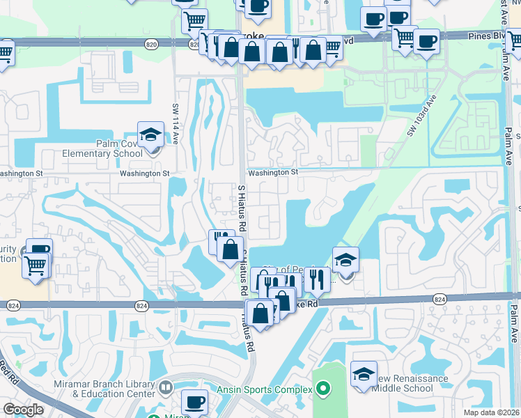 map of restaurants, bars, coffee shops, grocery stores, and more near 1141 Southwest 111th Avenue in Pembroke Pines
