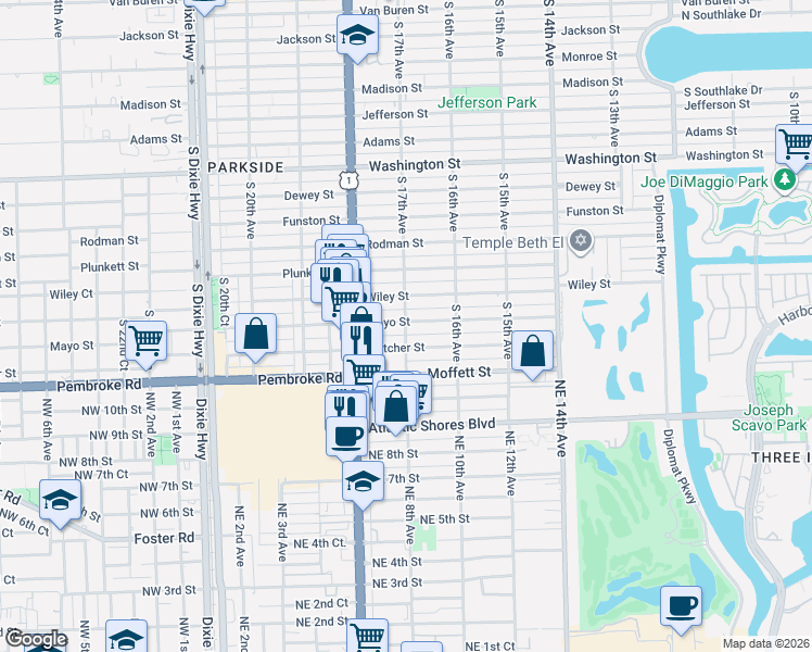 map of restaurants, bars, coffee shops, grocery stores, and more near 1517 South 17th Avenue in Hollywood