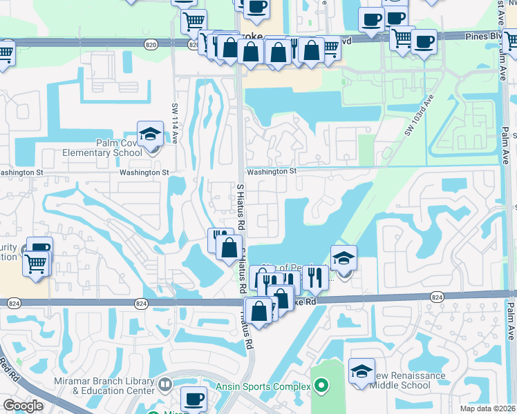 map of restaurants, bars, coffee shops, grocery stores, and more near 1141 Southwest 111th Avenue in Pembroke Pines
