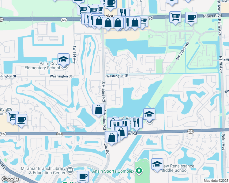 map of restaurants, bars, coffee shops, grocery stores, and more near 1141 Southwest 111th Avenue in Pembroke Pines