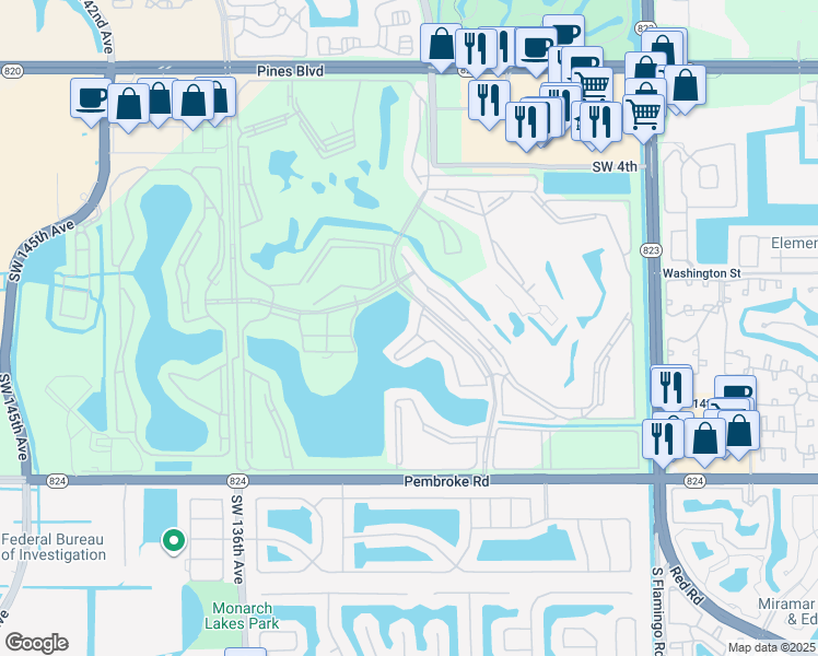 map of restaurants, bars, coffee shops, grocery stores, and more near 13001 Southwest 11th Court in Pembroke Pines