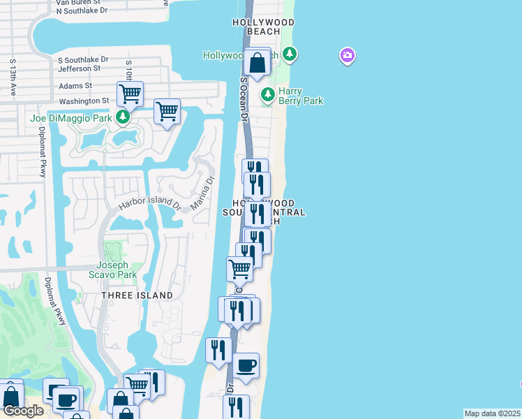 map of restaurants, bars, coffee shops, grocery stores, and more near 301 Magnolia Terrace in Hollywood