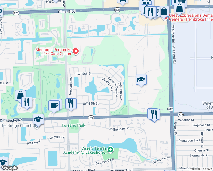 map of restaurants, bars, coffee shops, grocery stores, and more near 8620 Southwest 12th Street in Pembroke Pines