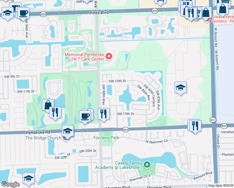 map of restaurants, bars, coffee shops, grocery stores, and more near 1301 Southwest 87th Way in Pembroke Pines
