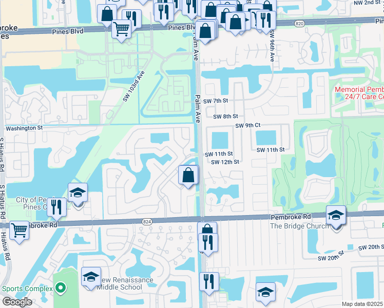 map of restaurants, bars, coffee shops, grocery stores, and more near 1255 Southwest 101st Terrace in Pembroke Pines