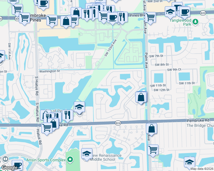 map of restaurants, bars, coffee shops, grocery stores, and more near 10545 Southwest 13th Court in Pembroke Pines