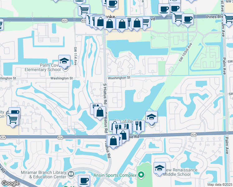 map of restaurants, bars, coffee shops, grocery stores, and more near 1141 Southwest 111th Avenue in Pembroke Pines