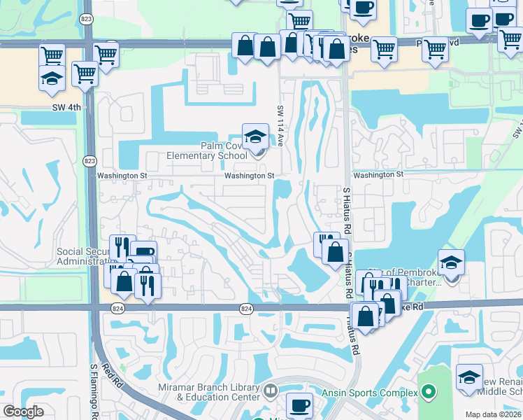 map of restaurants, bars, coffee shops, grocery stores, and more near 1111 Southwest 115th Avenue in Pembroke Pines