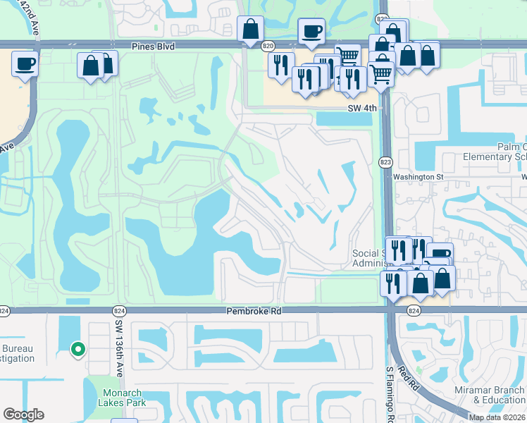 map of restaurants, bars, coffee shops, grocery stores, and more near 1200 Southwest 130th Avenue in Pembroke Pines