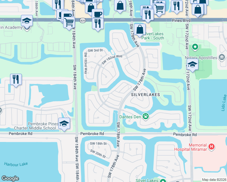 map of restaurants, bars, coffee shops, grocery stores, and more near 17885 Southwest 10th Court in Pembroke Pines
