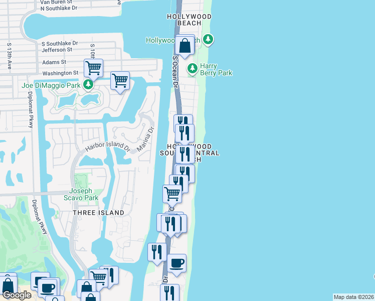 map of restaurants, bars, coffee shops, grocery stores, and more near 301 Magnolia Terrace in Hollywood