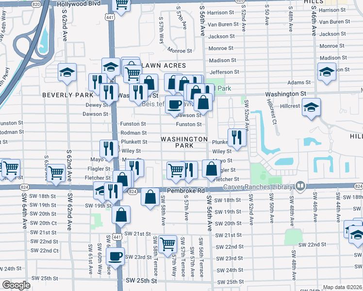 map of restaurants, bars, coffee shops, grocery stores, and more near 5760 Wiley Street in Hollywood
