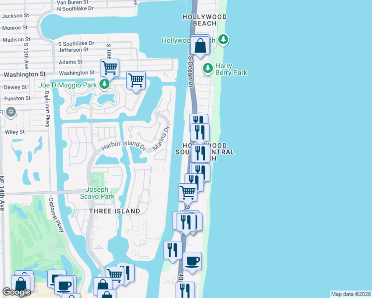 map of restaurants, bars, coffee shops, grocery stores, and more near 2401 South Ocean Drive in Hollywood