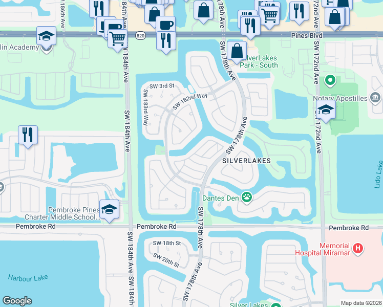 map of restaurants, bars, coffee shops, grocery stores, and more near 1016 Southwest 180th Terrace in Pembroke Pines