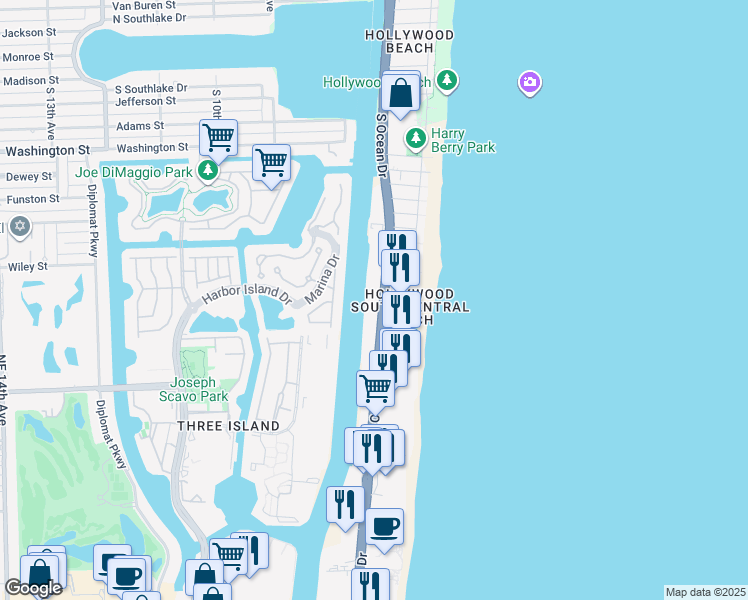 map of restaurants, bars, coffee shops, grocery stores, and more near 2401 South Ocean Drive in Hollywood