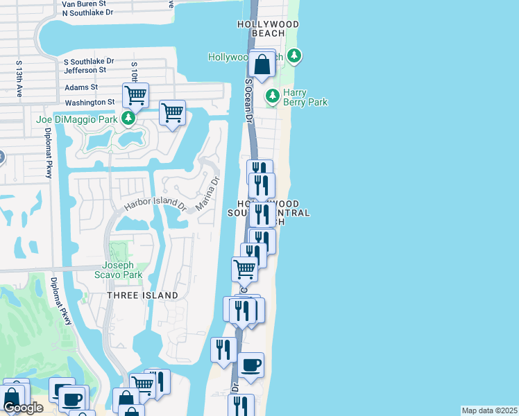 map of restaurants, bars, coffee shops, grocery stores, and more near 2401 South Ocean Drive in Hollywood