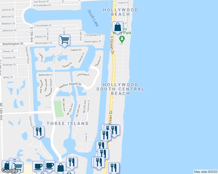 map of restaurants, bars, coffee shops, grocery stores, and more near 2401 South Ocean Drive in Hollywood
