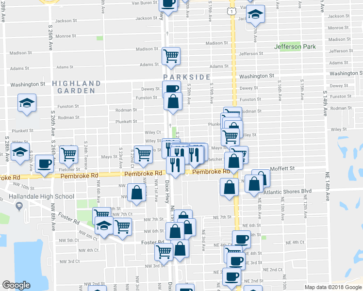 map of restaurants, bars, coffee shops, grocery stores, and more near 1617 South 21st Avenue in Hollywood