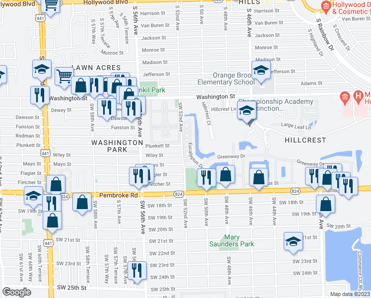 map of restaurants, bars, coffee shops, grocery stores, and more near 5195 Eucalyptus Drive in Hollywood