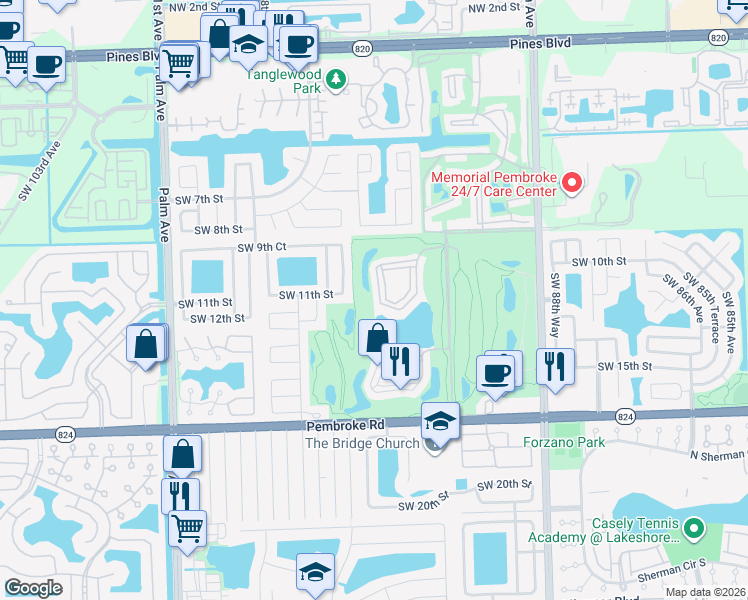 map of restaurants, bars, coffee shops, grocery stores, and more near 9300-9798 North Hollybrook Lake Drive in Pembroke Pines
