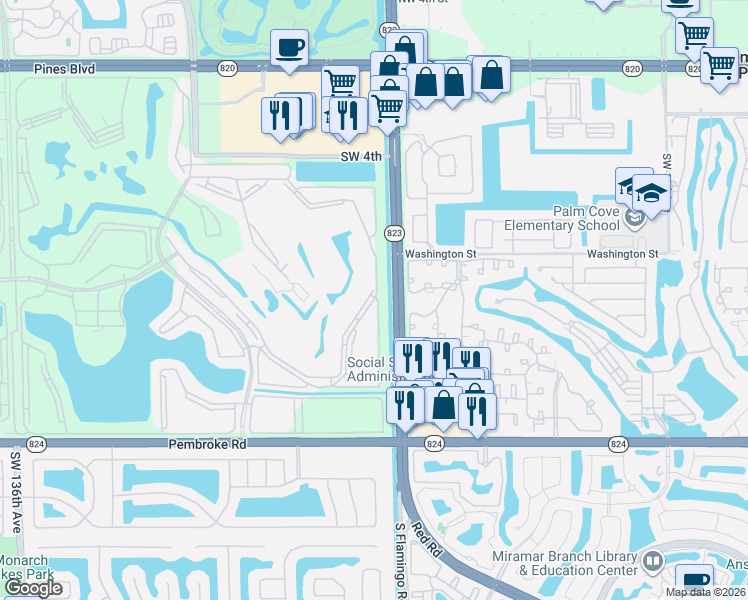 map of restaurants, bars, coffee shops, grocery stores, and more near 1200 Southwest 124th Terrace in Pembroke Pines