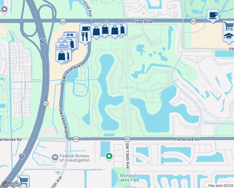 map of restaurants, bars, coffee shops, grocery stores, and more near 13701 Southwest 12th Street in Pembroke Pines
