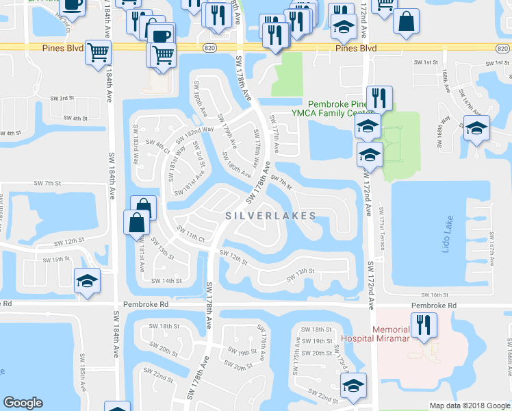 map of restaurants, bars, coffee shops, grocery stores, and more near 850 Southwest 177th Way in Pembroke Pines
