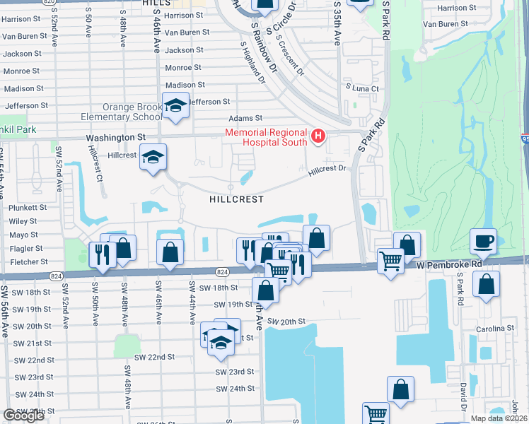 map of restaurants, bars, coffee shops, grocery stores, and more near 3813 Greenway Drive in Hollywood