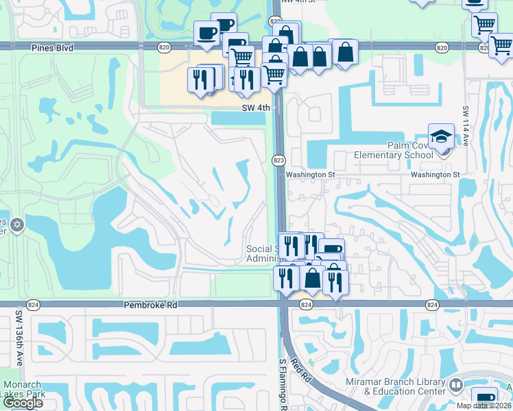 map of restaurants, bars, coffee shops, grocery stores, and more near 1200 Southwest 124th Terrace in Pembroke Pines