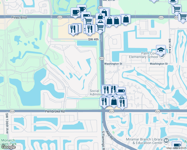 map of restaurants, bars, coffee shops, grocery stores, and more near 1200 Southwest 124th Terrace in Pembroke Pines