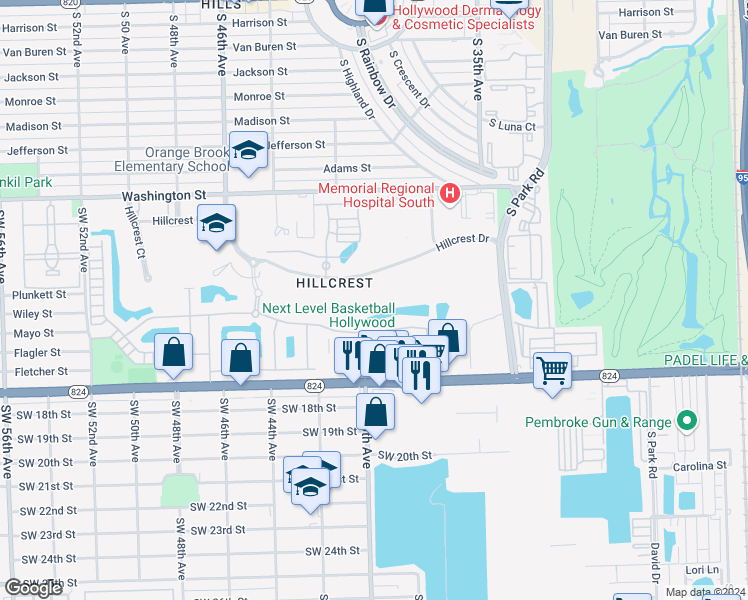 map of restaurants, bars, coffee shops, grocery stores, and more near 4200 Hillcrest Drive in Hollywood