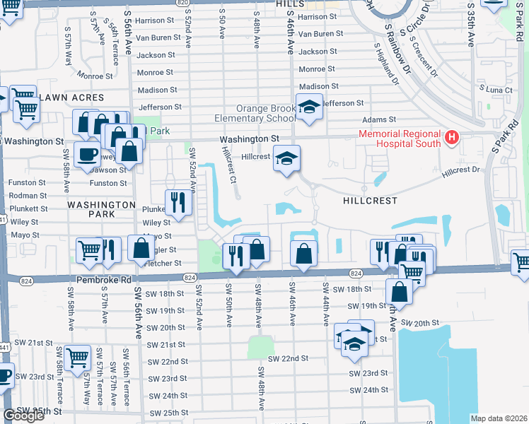 map of restaurants, bars, coffee shops, grocery stores, and more near 1312 Silk Oak Drive in Hollywood