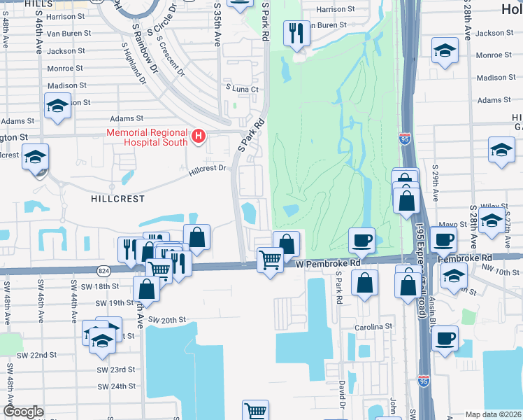 map of restaurants, bars, coffee shops, grocery stores, and more near 1325 South 33rd Road in Hollywood