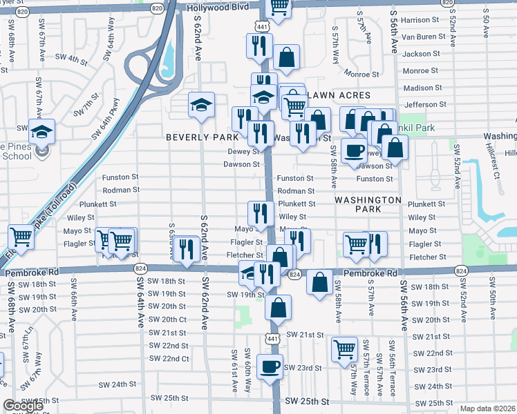 map of restaurants, bars, coffee shops, grocery stores, and more near 6018 Plunkett Street in Hollywood