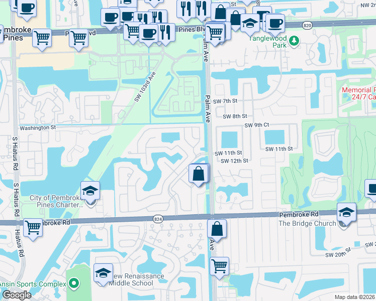 map of restaurants, bars, coffee shops, grocery stores, and more near 1026 Southwest 102nd Terrace in Pembroke Pines