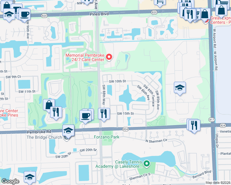 map of restaurants, bars, coffee shops, grocery stores, and more near 1111 Southwest 87th Terrace in Pembroke Pines