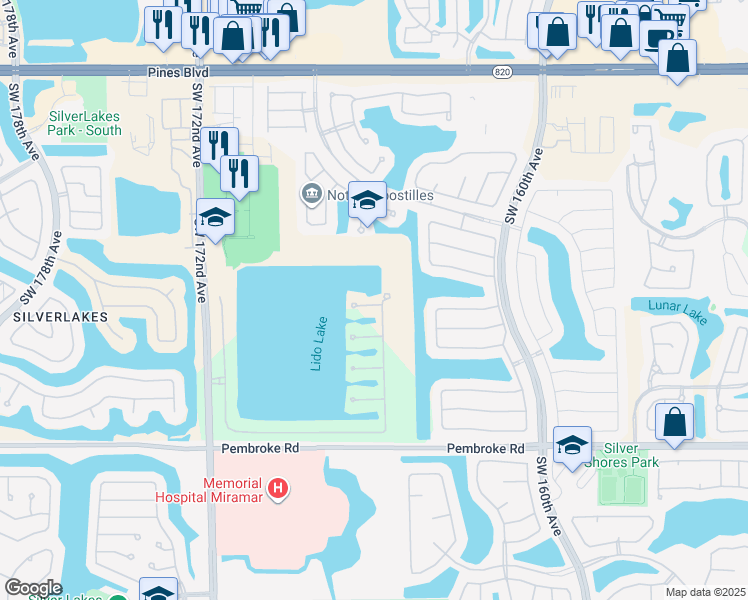 map of restaurants, bars, coffee shops, grocery stores, and more near 773 Southwest 167th Avenue in Pembroke Pines