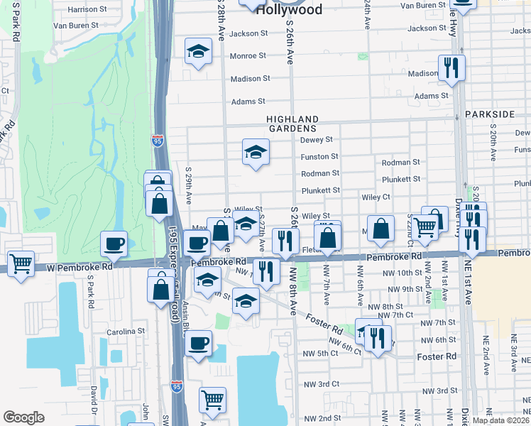 map of restaurants, bars, coffee shops, grocery stores, and more near 2650 Wiley Street in Hollywood