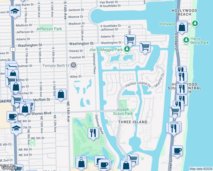 map of restaurants, bars, coffee shops, grocery stores, and more near 1449 Shoreline Way in Hollywood