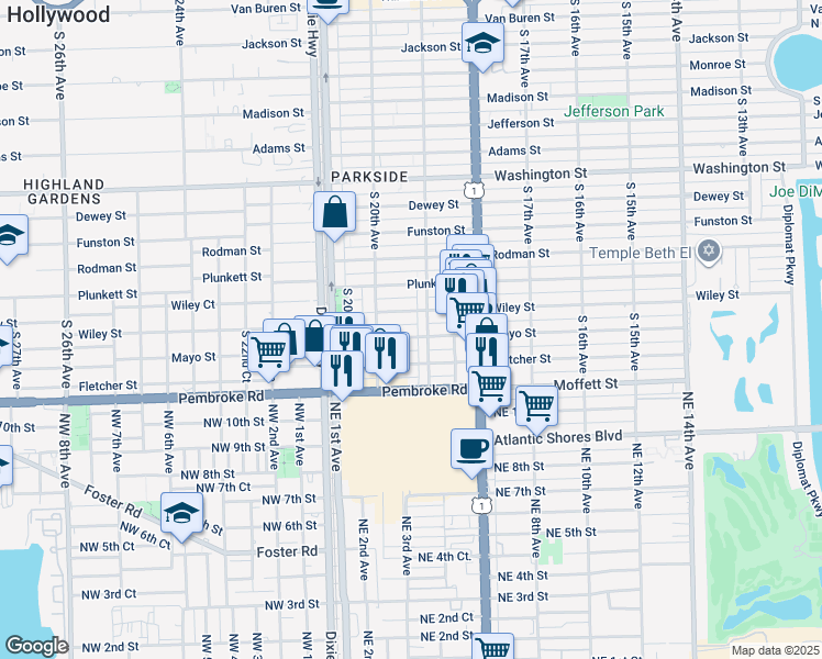 map of restaurants, bars, coffee shops, grocery stores, and more near 1903 Wiley Street in Hollywood