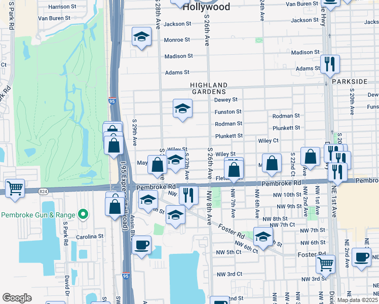 map of restaurants, bars, coffee shops, grocery stores, and more near 2630 Plunkett Street in Hollywood