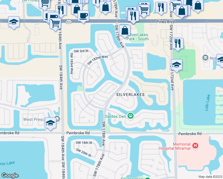 map of restaurants, bars, coffee shops, grocery stores, and more near 902 Southwest 178th Way in Pembroke Pines