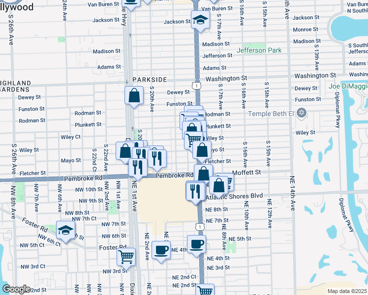 map of restaurants, bars, coffee shops, grocery stores, and more near 1817 Wiley Street in Hollywood