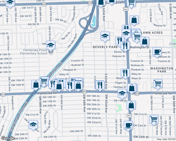 map of restaurants, bars, coffee shops, grocery stores, and more near 6370 Plunkett Street in Hollywood